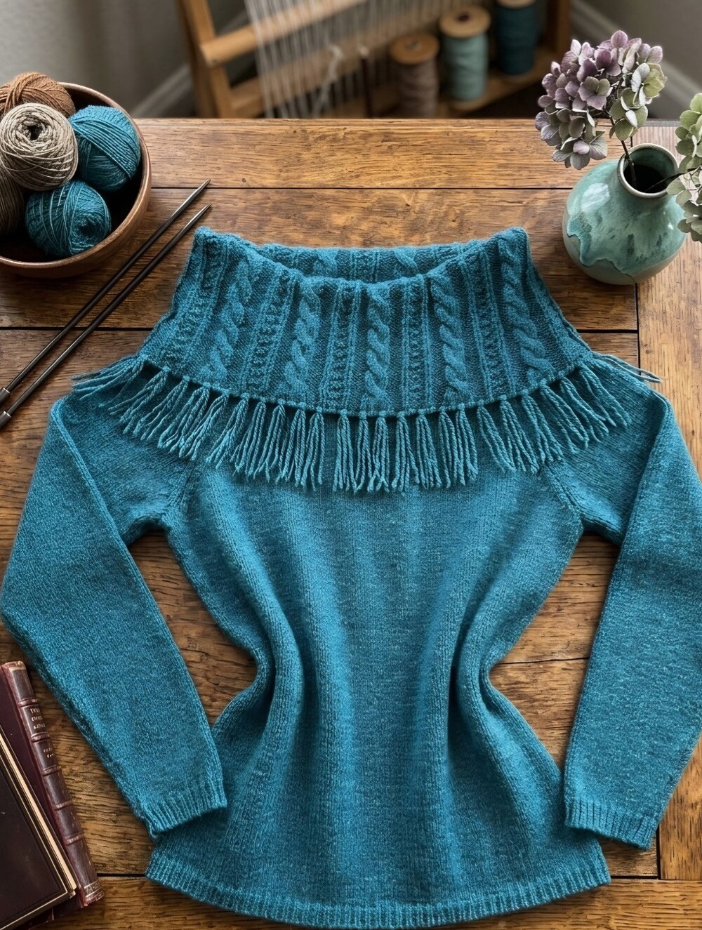 Christopher & Banks Teal Cable Knit Cowl Neck Sweater with Fringe